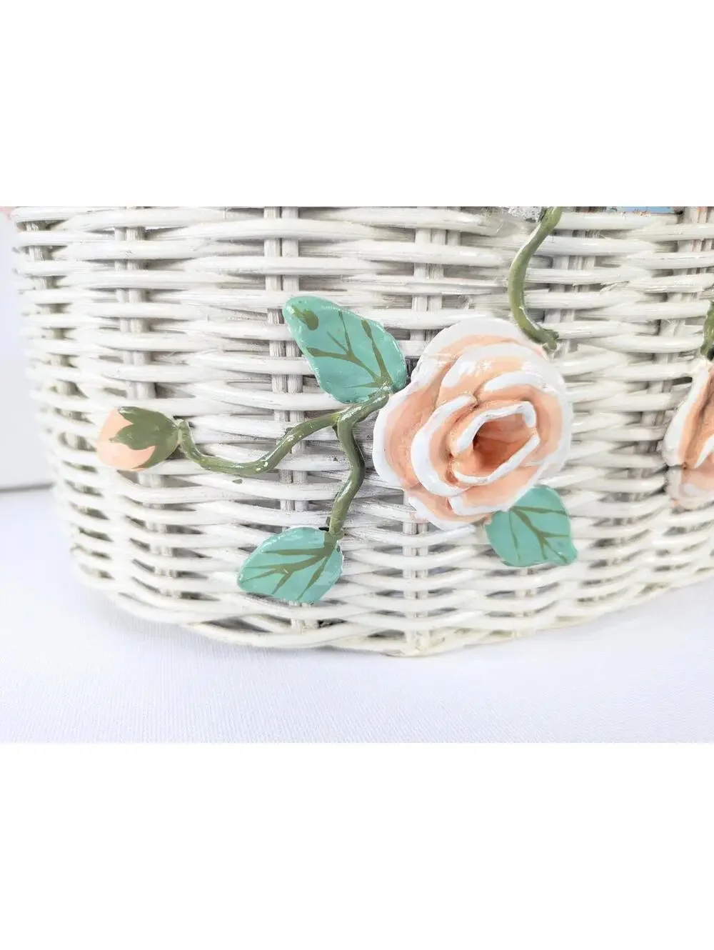 Vintage Cottage / Grandma Barbola Rose Gesso Painted Basket, White & Pink Wicker